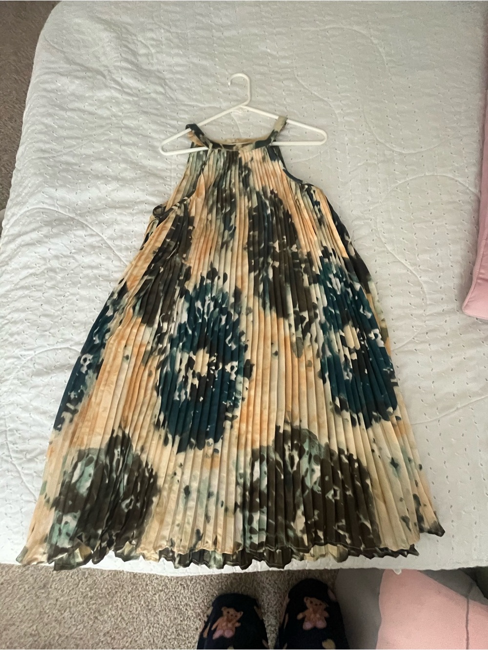 Pleated Halter Maxi Dress in Teal and Beige